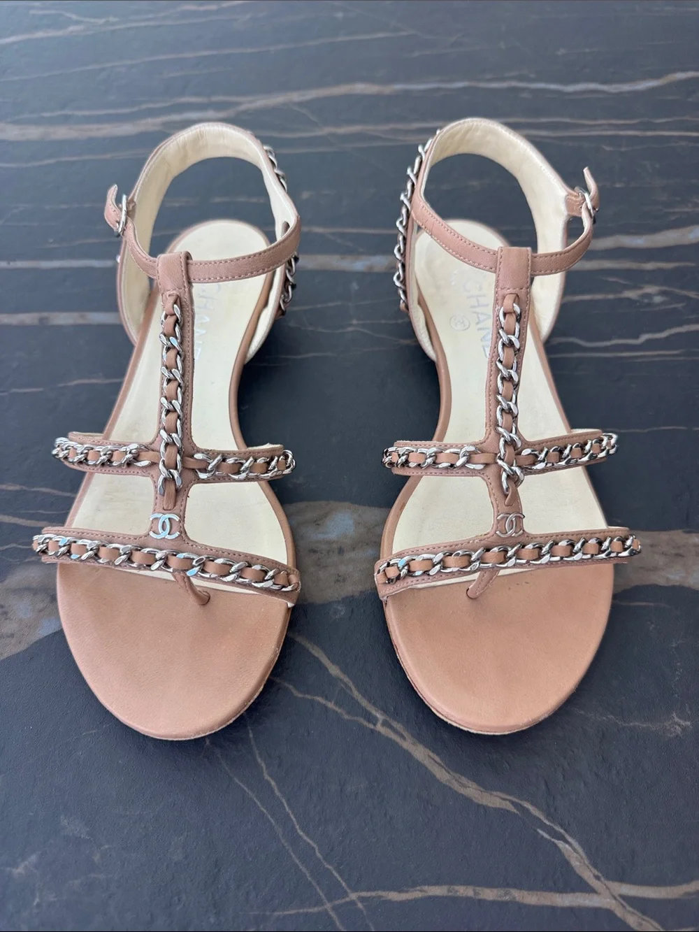 Chanel Nude Chain-Trim T-Strap Sandals
